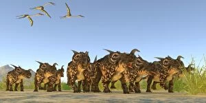 Azhdarchidae Gallery: Quetzalcoatlus reptiles fly over a herd of Einiosaurus dinosaurs