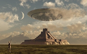 A reptoid greets an incoming flying saucer above a pyramid #13055729