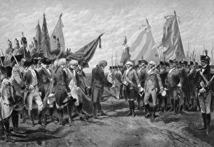 Revolutionary War print showing the surrender of British troops Revolutionary War print showing the surrender of British troops