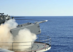 A RIM-7 Sea Sparrow is launched from a Mk-57 aboard aircraft carrier USS Enterprise A RIM-7 Sea Sparrow is launched from a Mk-57 aboard aircraft carrier USS Enterprise
