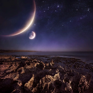 Rising plantes hover over ocean and rocky shore against starry sky Rising plantes hover over ocean and rocky shore against starry sky