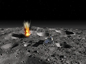 A robotic probe drills into the surface of an asteroid as a meteorite strikes nearby A robotic probe drills into the surface of an asteroid as a meteorite strikes nearby