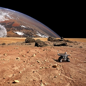 A robotic rover explores an alien world with a large planet at horizon A robotic rover explores an alien world with a large planet at horizon