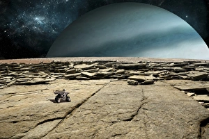 A rover explores the surface of a rocky and barren moon A rover explores the surface of a rocky and barren moon