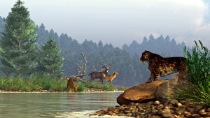 A saber-toothed cat looks across a river at a family of deer A saber-toothed cat looks across a river at a family of deer