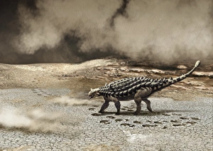 A Saichania chulsanensis dinosaur is caught in a sandstorm A Saichania chulsanensis dinosaur is caught in a sandstorm