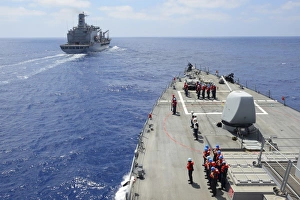 Sailors standy by aboard USS Ross for a replenishment with USNS Leroy Grumman Sailors standy by aboard USS Ross for a replenishment with USNS Leroy Grumman
