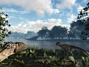 Sauroposeidon graze while feathered Deinonychus look Sauroposeidon graze while feathered Deinonychus look