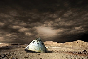 A scorched space capsule lies abandoned on a barren world A scorched space capsule lies abandoned on a barren world