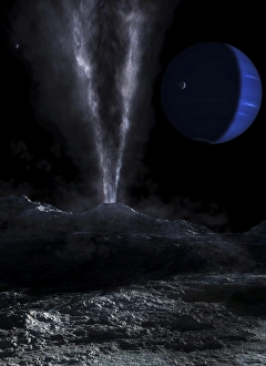 A small geyser on the surface of Triton, with Neptune in the background A small geyser on the surface of Triton, with Neptune in the background