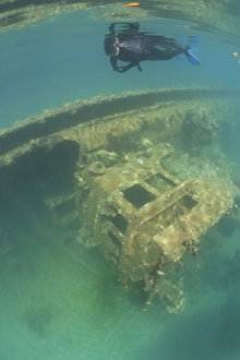 A snorkeler swims above a shipwreck in Palaus inner lagoon A snorkeler swims above a shipwreck in Palaus inner lagoon