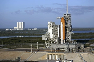 Space shuttle Atlantis atop the mobile launcher platform sits on the launch pad Space shuttle Atlantis atop the mobile launcher platform sits on the launch pad