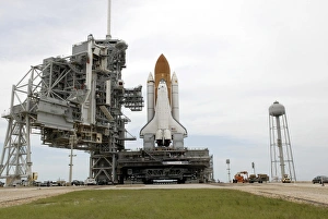 Space shuttle Atlantis comes to a stop on the top of Launch Pad 39A at Kennedy Space Space shuttle Atlantis comes to a stop on the top of Launch Pad 39A at Kennedy Space