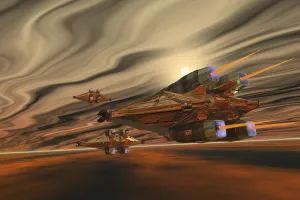 Flying Saucers Gallery: Spacecraft fly among spacial eddies in deep space