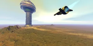 Flying Saucers Gallery: A spacecraft nears a spaceport on another planet