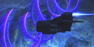 Flying Saucers Gallery: A spaceship flies near a cosmic string from the formation of the universe