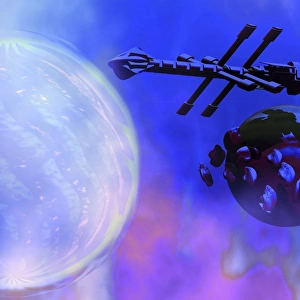 Flying Saucers Gallery: A spaceship passes a moon and orbiting asteroids near a large sun