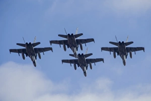 Four Spanish Air Force F-18M Hornets fly in formation above Spain Four Spanish Air Force F-18M Hornets fly in formation above Spain
