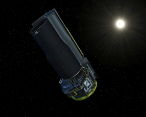<b class=qtipBold><figcaption>Spitzer seen in visible light</figcaption></b><br>Spitzer seen in visible light. The solar shield always faces the sun, allowing the spacecraft to remain very cold.<br><em>© Stocktrek Images</em> Spitzer seen in visible light