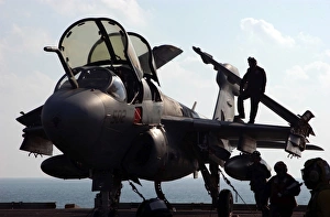 Squadron personnel prepare an EA-6B Prowler for flight operations Squadron personnel prepare an EA-6B Prowler for flight operations