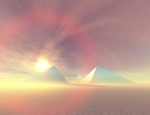 The sun rises on Egyptian pyramids on a desert morning The sun rises on Egyptian pyramids on a desert morning
