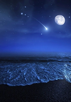 Tranquil ocean at night against starry sky, moon and falling meteorite Tranquil ocean at night against starry sky, moon and falling meteorite