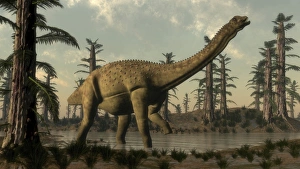 Uberabatitan dinosaur walking in a prehistoric lake Uberabatitan dinosaur walking in a prehistoric lake
