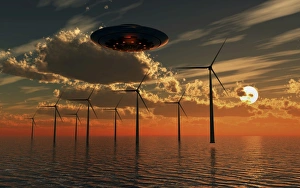 Flying Saucers Gallery: A UFO flying above an ocean wind farm at sunset