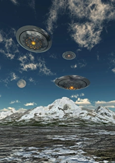 <b class=qtipBold><figcaption>UFO's flying over a mountain range</figcaption></b><br>UFO's flying over a mountain range.<br><em>© Mark Stevenson/Stocktrek Images</em> UFO's flying over a mountain range