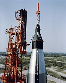 The unmanned Mercury-Atlas capsule sits atop its Atlas launch vehicle The unmanned Mercury-Atlas capsule sits atop its Atlas launch vehicle