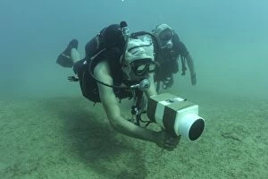U.S. Navy diver uses an AN / PQS 2A handheld sonar device while training in the Red Sea