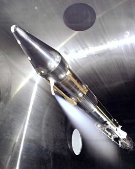 Vent flowing cryogenic fuel on a Centaur rocket engine model Vent flowing cryogenic fuel on a Centaur rocket engine model