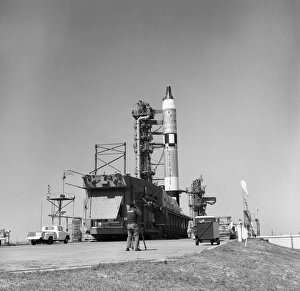 View of the Gemini-Titan 3 on its launch pad at Cape Canaveral, Florida View of the Gemini-Titan 3 on its launch pad at Cape Canaveral, Florida