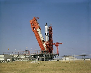 View of the Gemini-Titan 4 spacecraft on its launch pad View of the Gemini-Titan 4 spacecraft on its launch pad