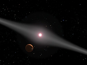 The view from the vicinity of a hypothetical terrestrial planet and moon orbiting The view from the vicinity of a hypothetical terrestrial planet and moon orbiting