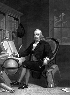 Vintage American History print of Benjamin Franklin doing research in his study Vintage American History print of Benjamin Franklin doing research in his study