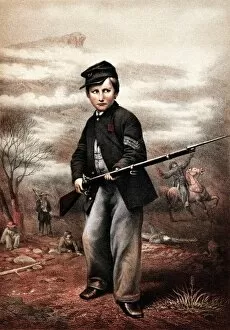 Union Soldier Gallery: Vintage Civil War print of a Union Drummer Boy holding a rifle on battlefield