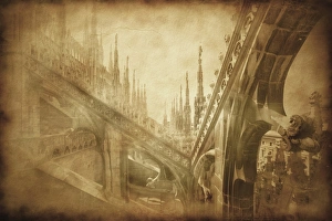Vintage photo of architectural elements on a church roof in Milan, Italy Vintage photo of architectural elements on a church roof in Milan, Italy