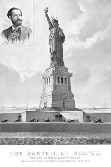 Vintage print showing The Statue of Liberty and a portrait of itas sculptor