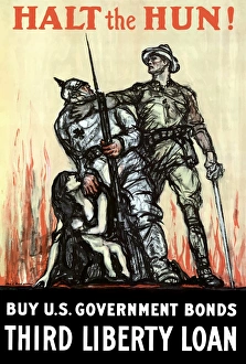 Vintage World War I poster of an American soldier protecting a woman and child Vintage World War I poster of an American soldier protecting a woman and child