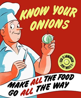 Freshness Collection: Vintage World War II poster of a chef holding an onion with a tear in his eye