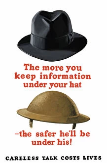 Propaganda Gallery: Vintage World War II poster featuring a fedora and an Army helmet