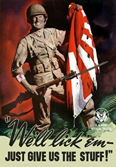 Vintage World War II poster of a soldier on the battlefield Vintage World War II poster of a soldier on the battlefield
