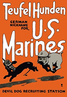 Vintage World War One poster of a Marine Corps bulldog chasing a German dachshund Vintage World War One poster of a Marine Corps bulldog chasing a German dachshund