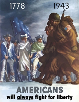 War poster of American Infantryman marching past Minutemen War poster of American Infantryman marching past Minutemen