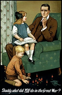 Three People Gallery: World War I poster of a little girl sitting on her fathers lap and a boy playing