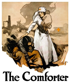 World War I poster of a Red Cross nurse comforting a family amid the ruins of a war zone World War I poster of a Red Cross nurse comforting a family amid the ruins of a war zone