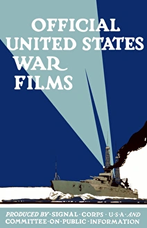 World War I propaganda poster of a navy ship shining itas searchlights World War I propaganda poster of a navy ship shining itas searchlights