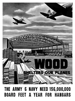 World War II poster of an aircraft hangar being built as planes fly overhead World War II poster of an aircraft hangar being built as planes fly overhead