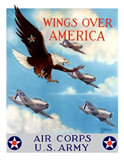 World War II poster of a bald eagle flying in the sky with fighter planes World War II poster of a bald eagle flying in the sky with fighter planes